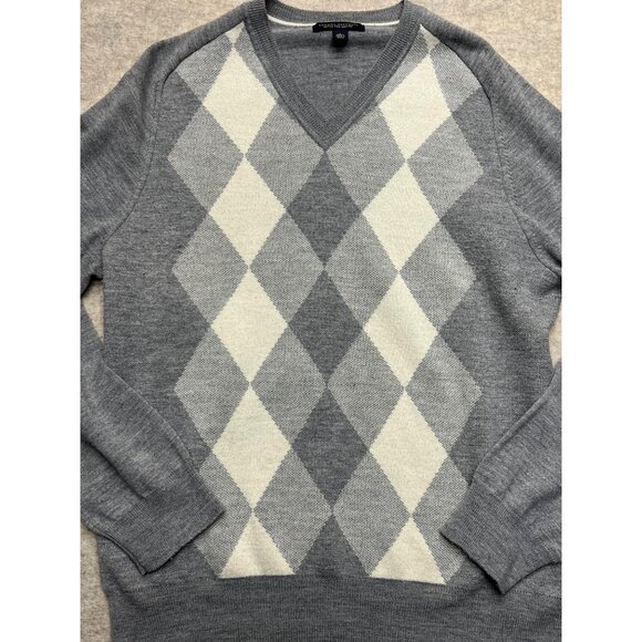 Banana Republic Merino Wool Argyle V-neck Sweater Large Office Preppy Grey - Picture 3 of 9